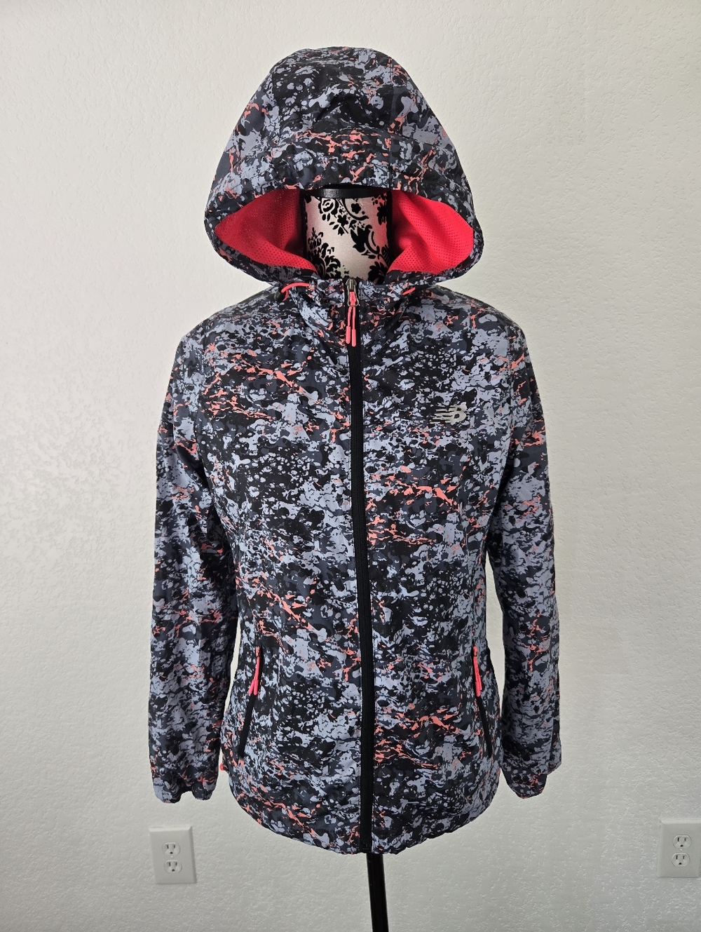 New Balance Black, Gray & Coral Camo Lightweight Hooded Jacket